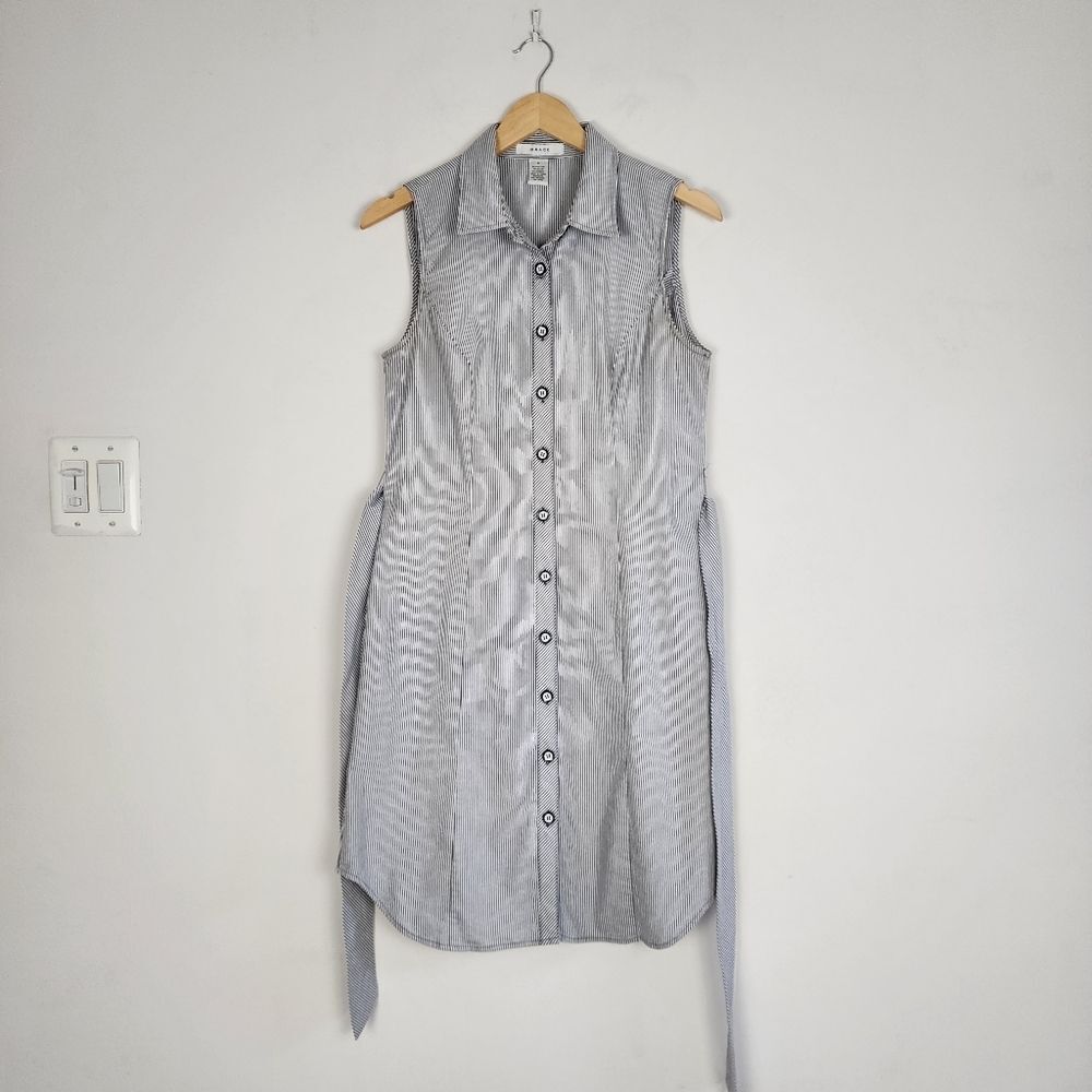 Grace Sleeveless Dress Blue Striped Midi Button Front Cotton Blend Tie Waist 6 - Picture 3 of 12